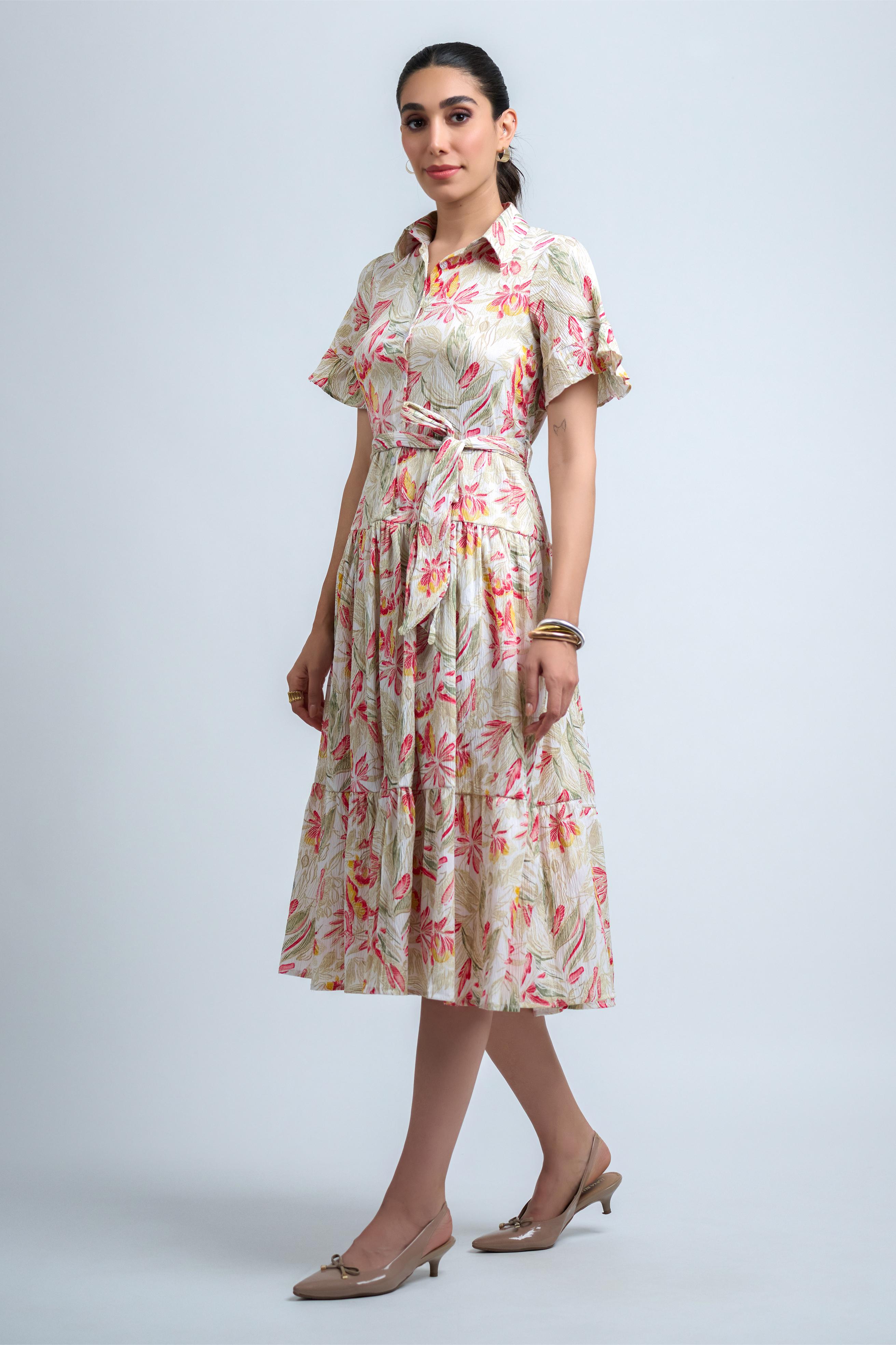 Cream-Pink Poly Crepe Floral Print Ruffle Sleeve Dress