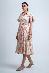 Cream-Pink Poly Crepe Floral Print Ruffle Sleeve Dress