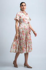 Cream-Pink Poly Crepe Floral Print Ruffle Sleeve Dress