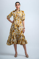Mustard Poly Crepe Floral Print Elastic Gathered Dress