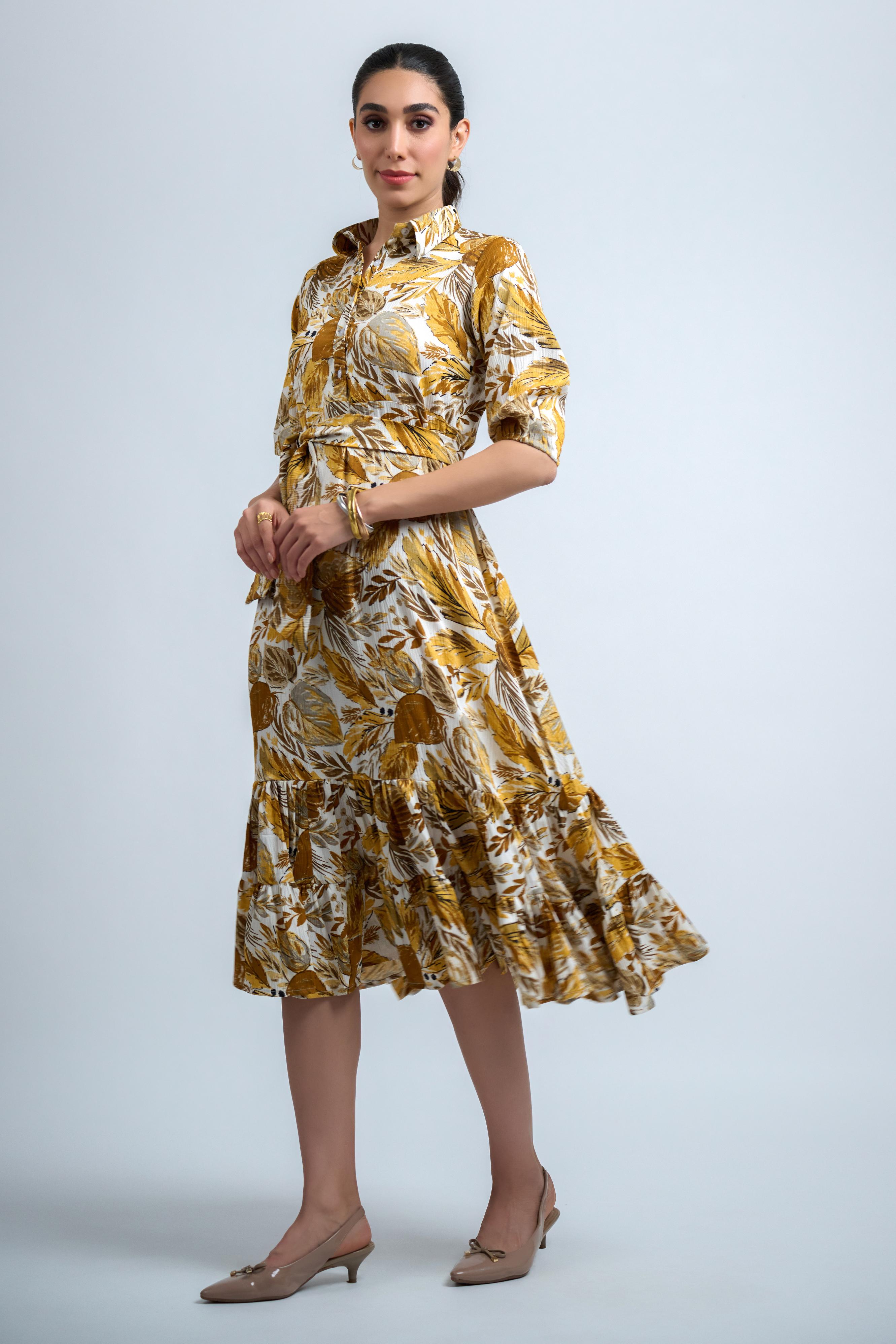 Mustard Poly Crepe Floral Print Elastic Gathered Dress