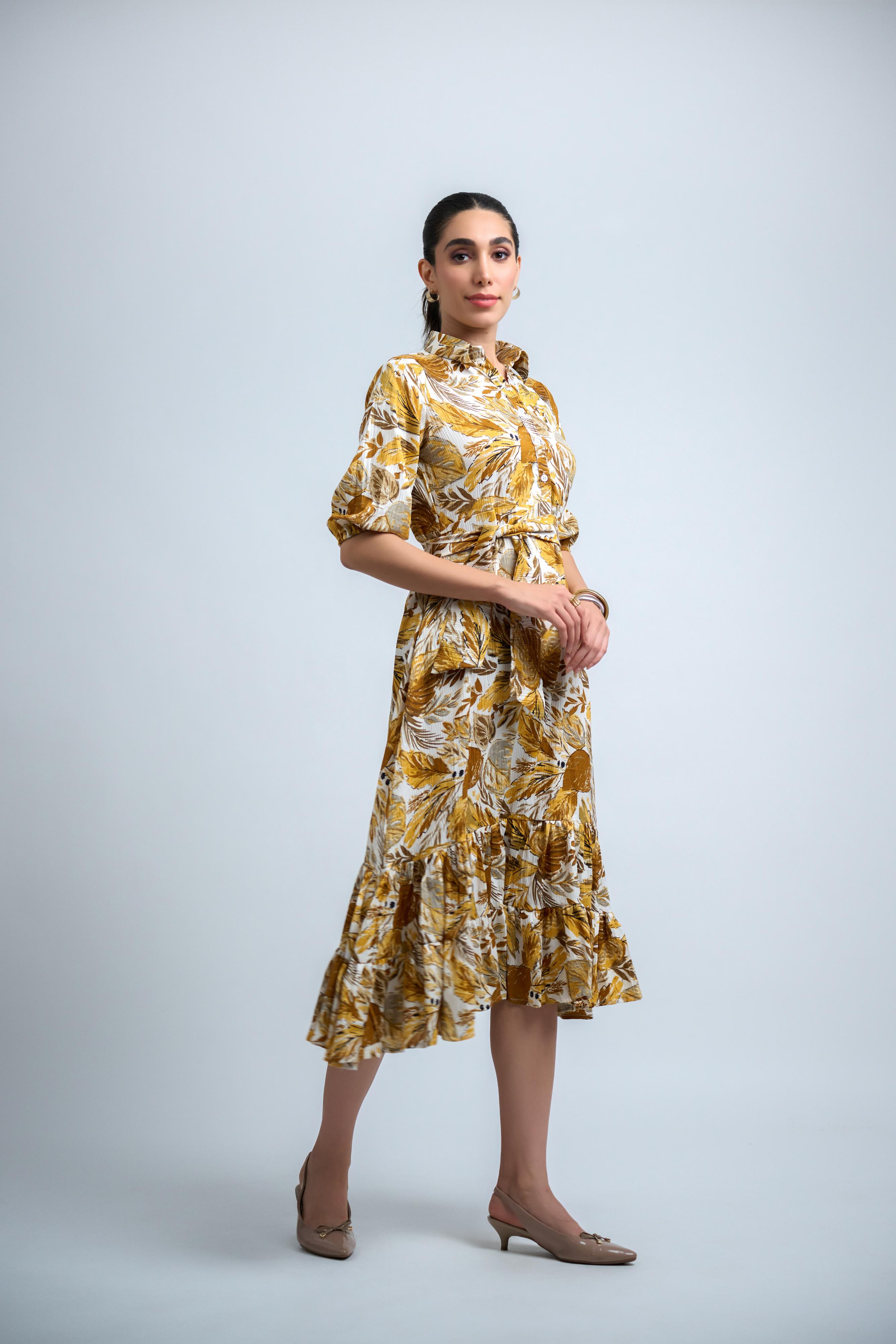 Mustard Poly Crepe Floral Print Elastic Gathered Dress