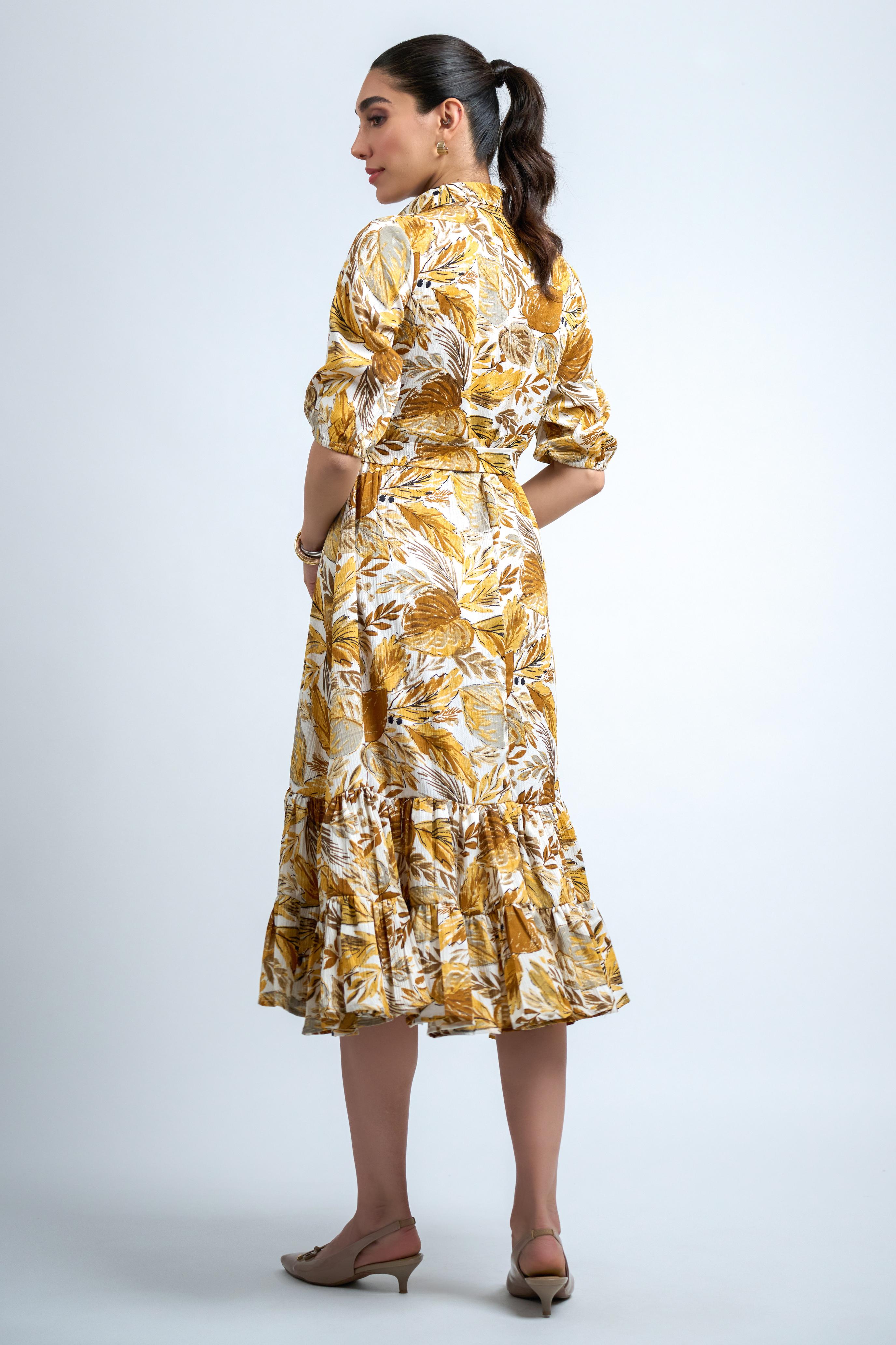 Mustard Poly Crepe Floral Print Elastic Gathered Dress