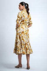 Mustard Poly Crepe Floral Print Elastic Gathered Dress