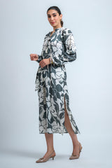 Grey Poly Crepe Floral Print Elastic Gathered Dress