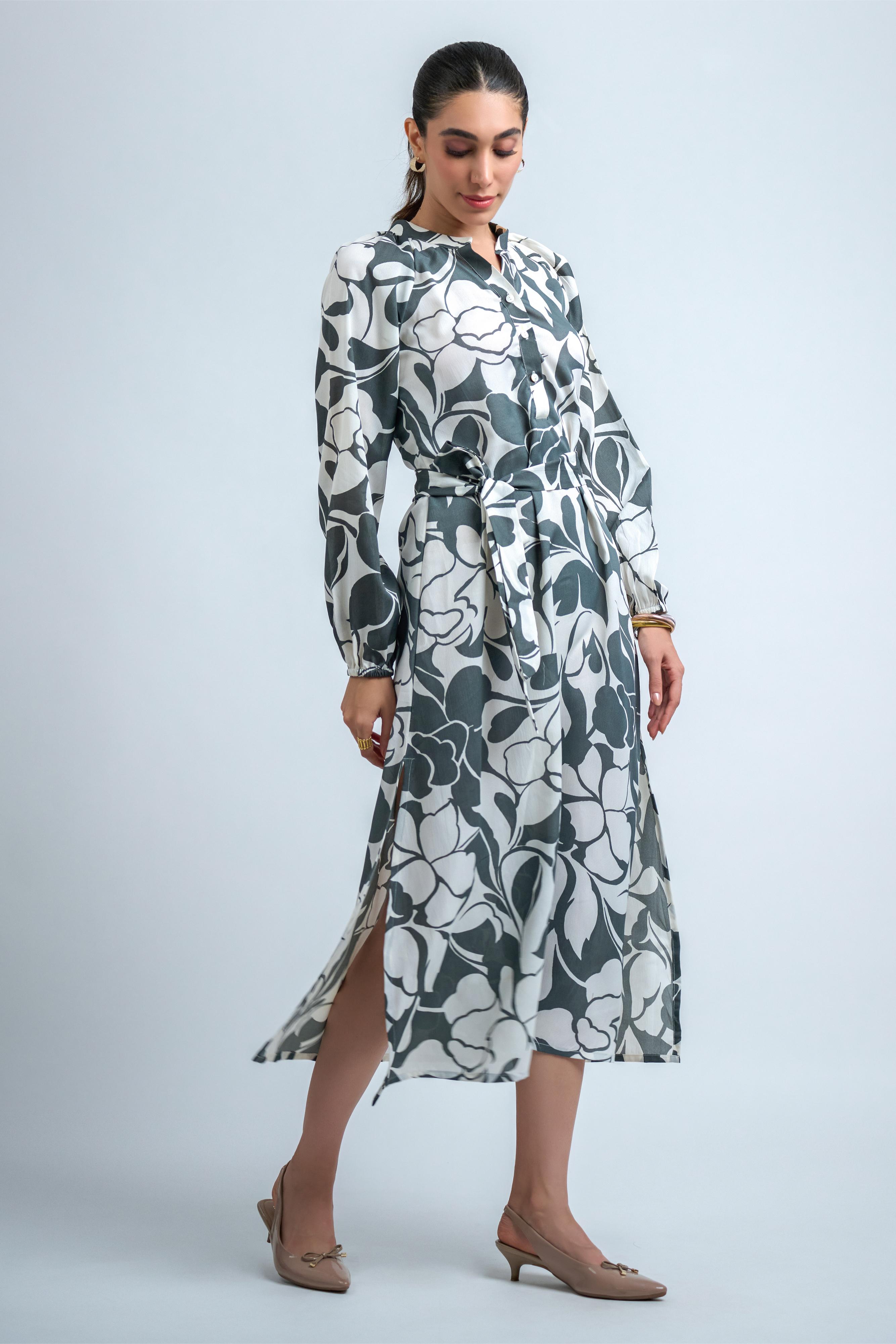 Grey Poly Crepe Floral Print Elastic Gathered Dress