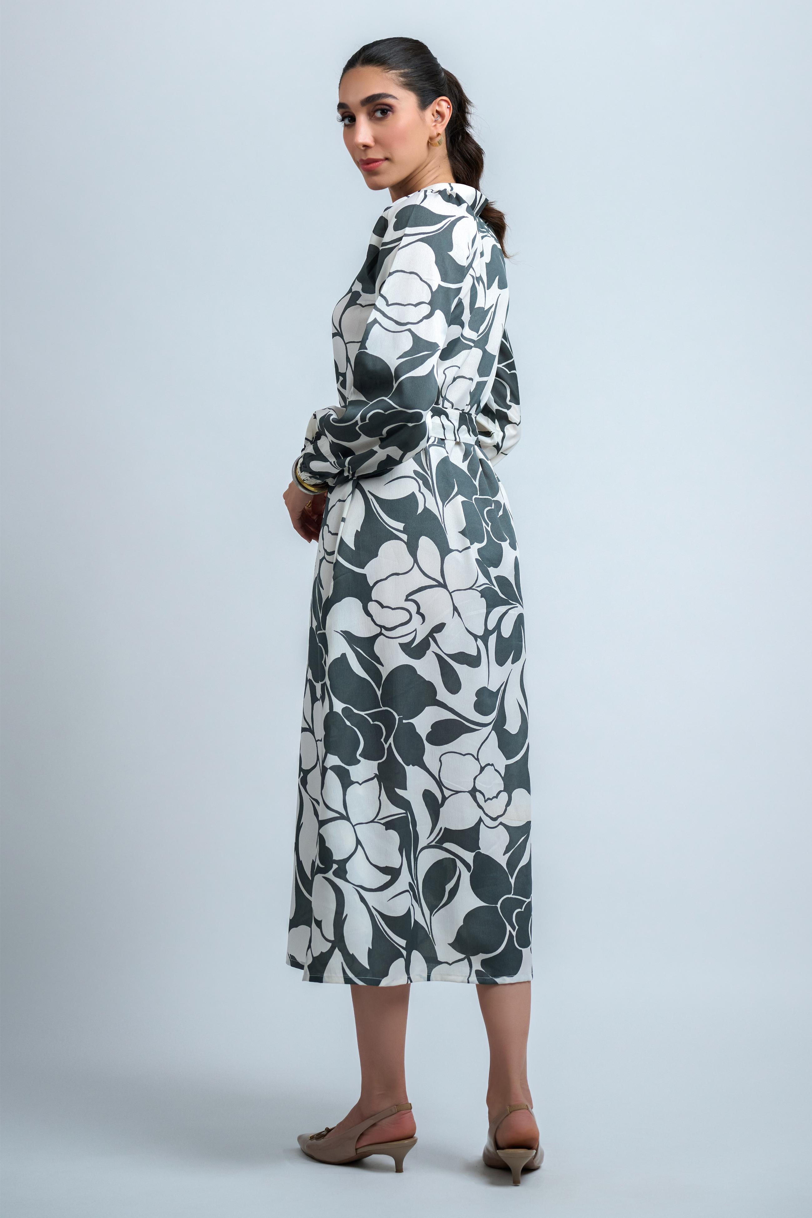 Grey Poly Crepe Floral Print Elastic Gathered Dress