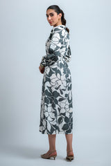 Grey Poly Crepe Floral Print Elastic Gathered Dress