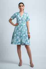 Sky Blue-White Wrinkle Satin Regular Sleeves Abstract Dress