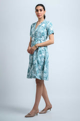 Sky Blue-White Wrinkle Satin Regular Sleeves Abstract Dress