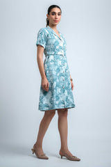 Sky Blue-White Wrinkle Satin Regular Sleeves Abstract Dress