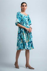 Sky Blue-White Poly Crepe Elastic Gathered Floral Print Dress