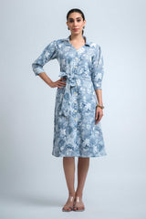 Blue-White Wrinkle Satin Cuff Sleeve Abstract Dress
