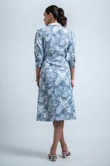 Blue-White Wrinkle Satin Cuff Sleeve Abstract Dress