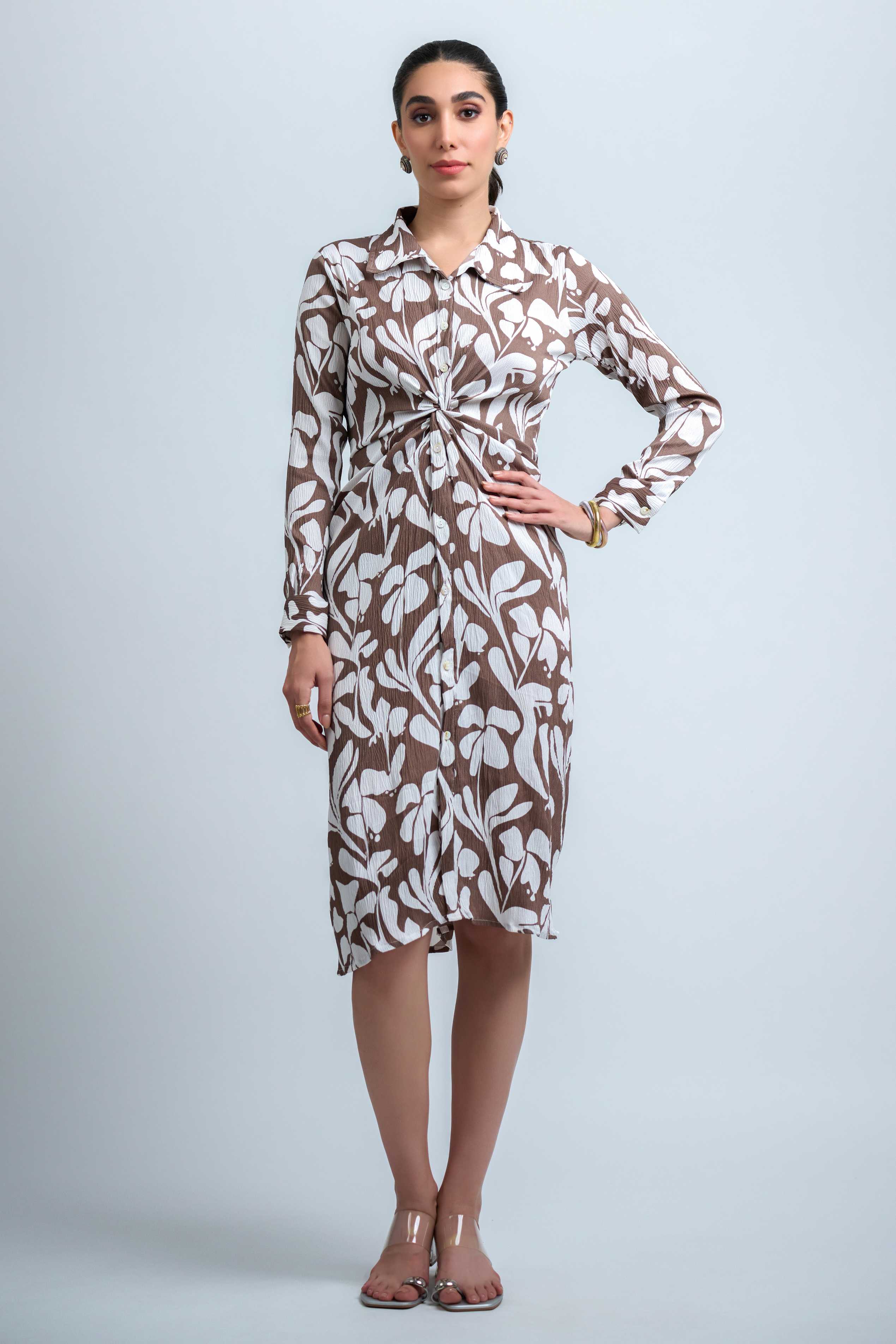 Brown-White Poly Crepe Point Collar Cuff Sleeve Floral Print Knee Length Dress