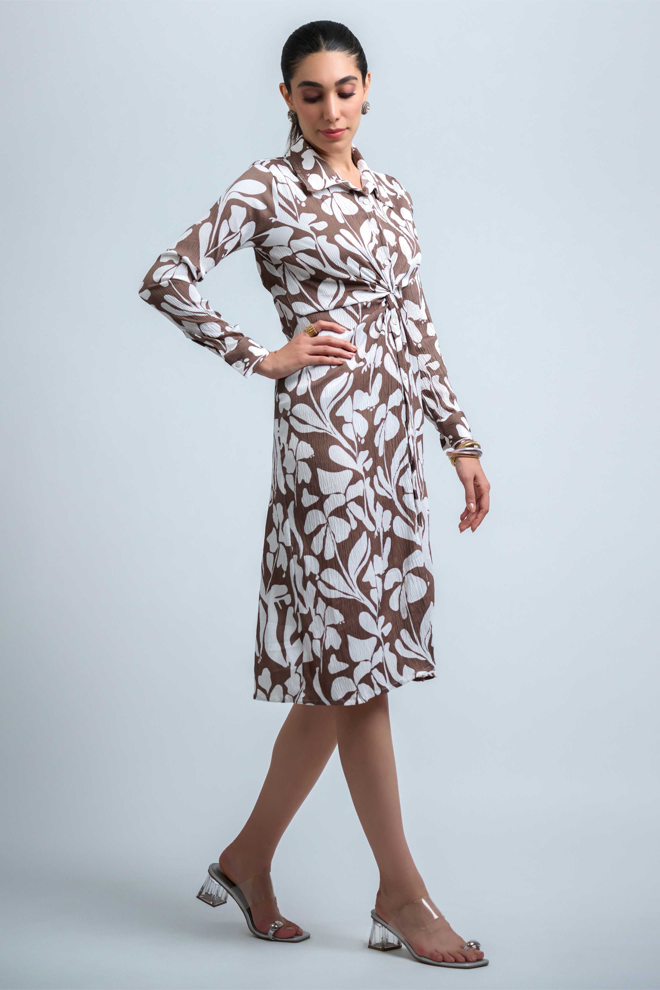 Brown-White Poly Crepe Point Collar Cuff Sleeve Floral Print Knee Length Dress