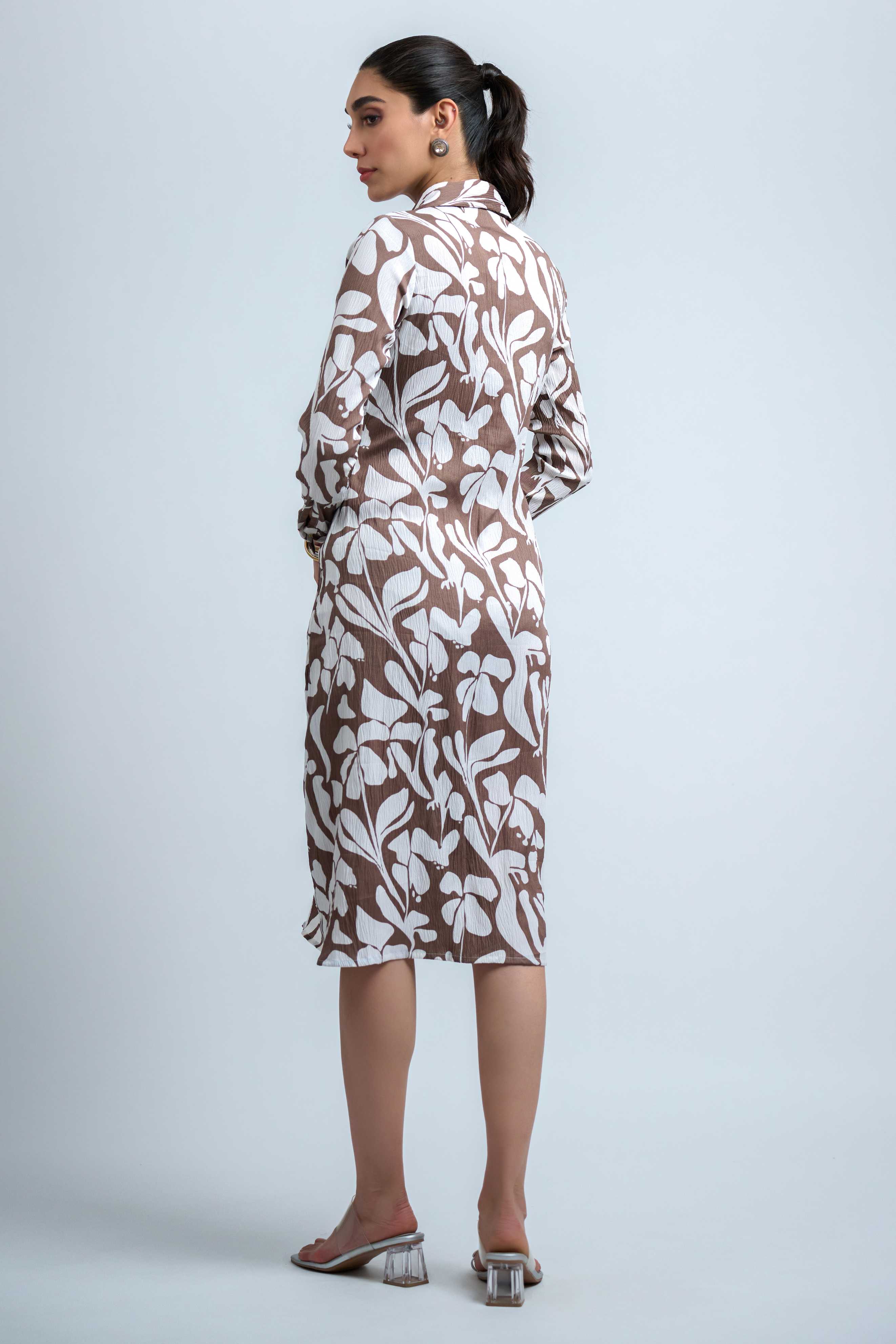 Brown-White Poly Crepe Point Collar Cuff Sleeve Floral Print Knee Length Dress