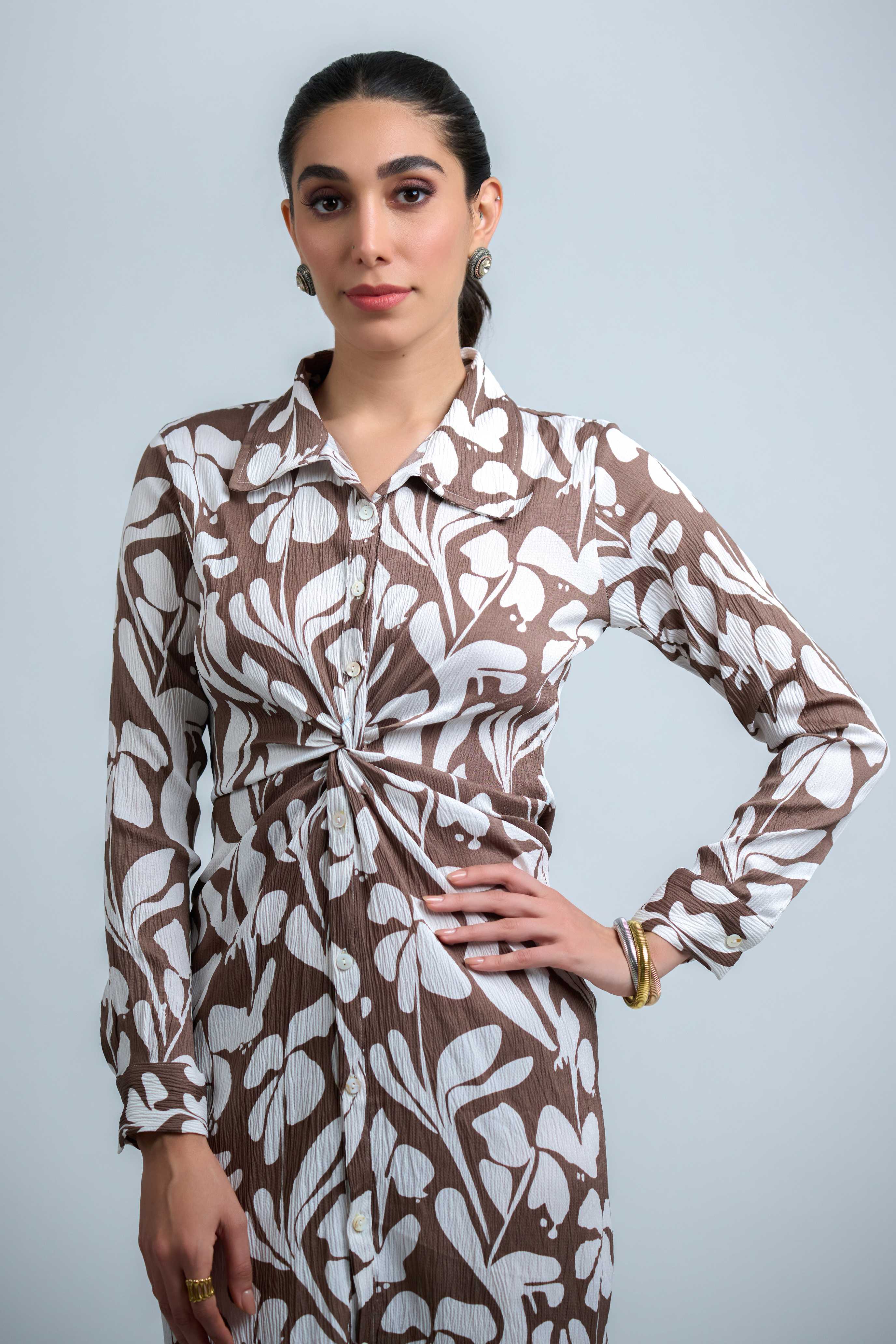 Brown-White Poly Crepe Point Collar Cuff Sleeve Floral Print Knee Length Dress