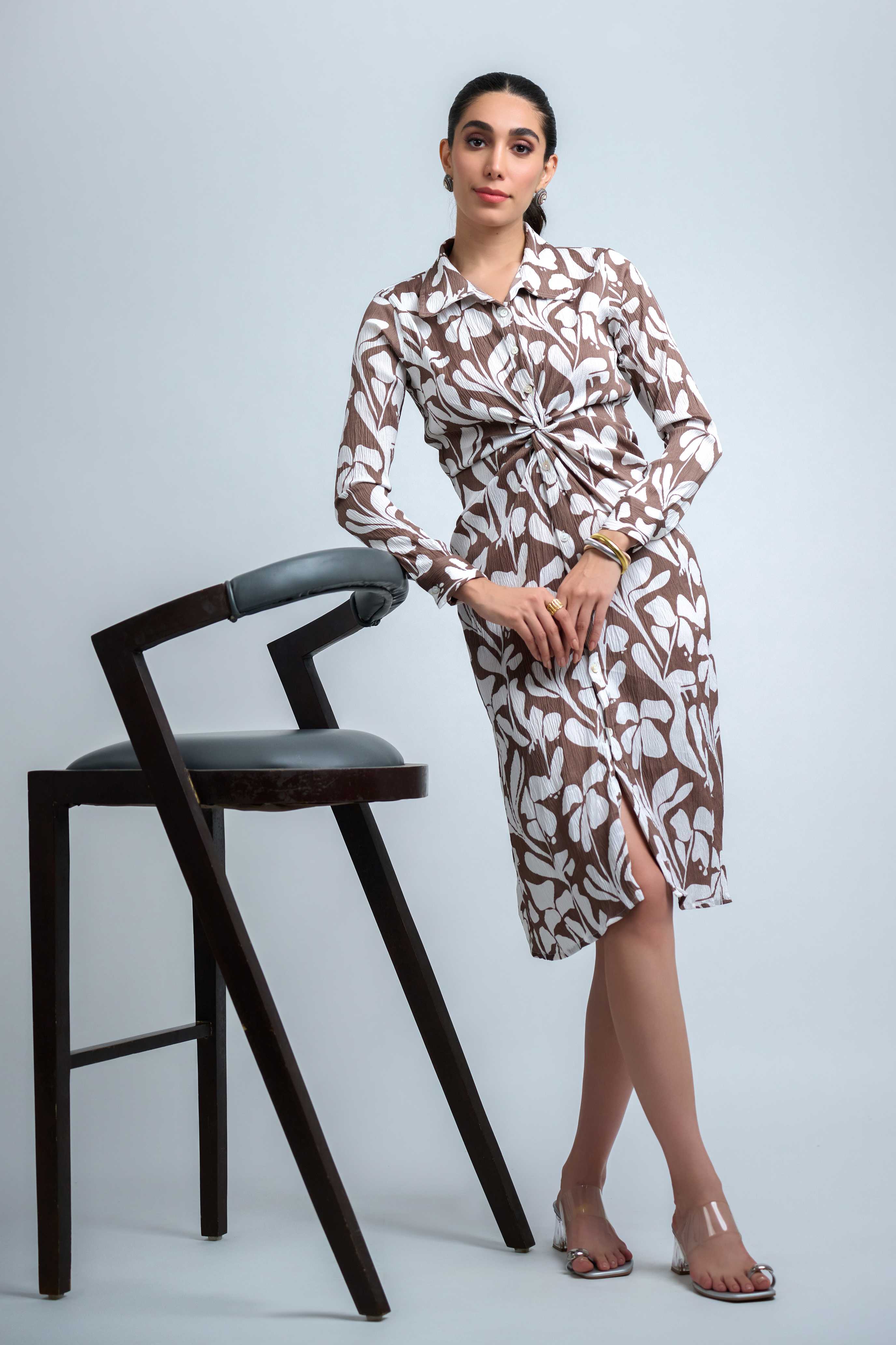 Brown-White Poly Crepe Point Collar Cuff Sleeve Floral Print Knee Length Dress