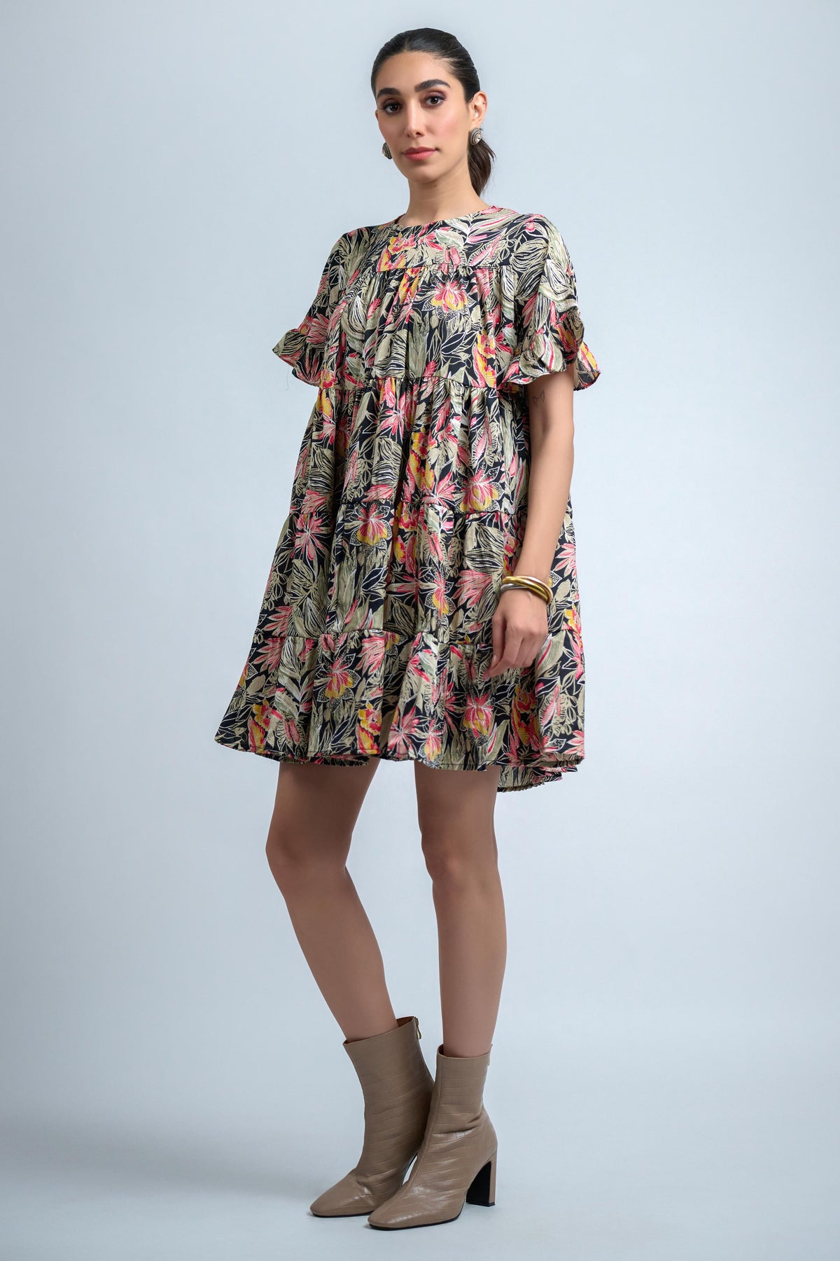 Olive Green Poly Crepe Floral Print Ruffle Sleeve Dress