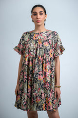 Olive Green Poly Crepe Floral Print Ruffle Sleeve Dress