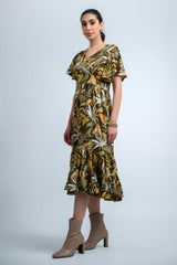 Olive Green-Multi Poly Crepe Ruffle Sleeve Floral Print Dress