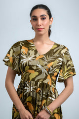 Olive Green-Multi Poly Crepe Ruffle Sleeve Floral Print Dress