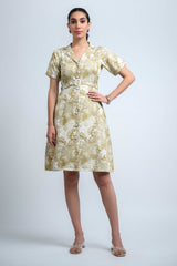 Olive Green-White Poly Crepe Regular Sleeve Abstract Dress
