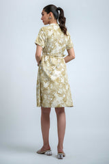 Olive Green-White Poly Crepe Regular Sleeve Abstract Dress
