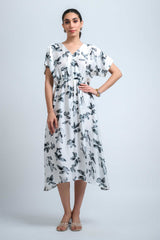 White-Black Satin Georgette V Neck Regular Sleeve Floral Print Calf Length Dress