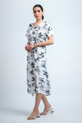 White-Black Satin Georgette V Neck Regular Sleeve Floral Print Calf Length Dress