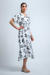 White-Black Satin Georgette V Neck Regular Sleeve Floral Print Calf Length Dress
