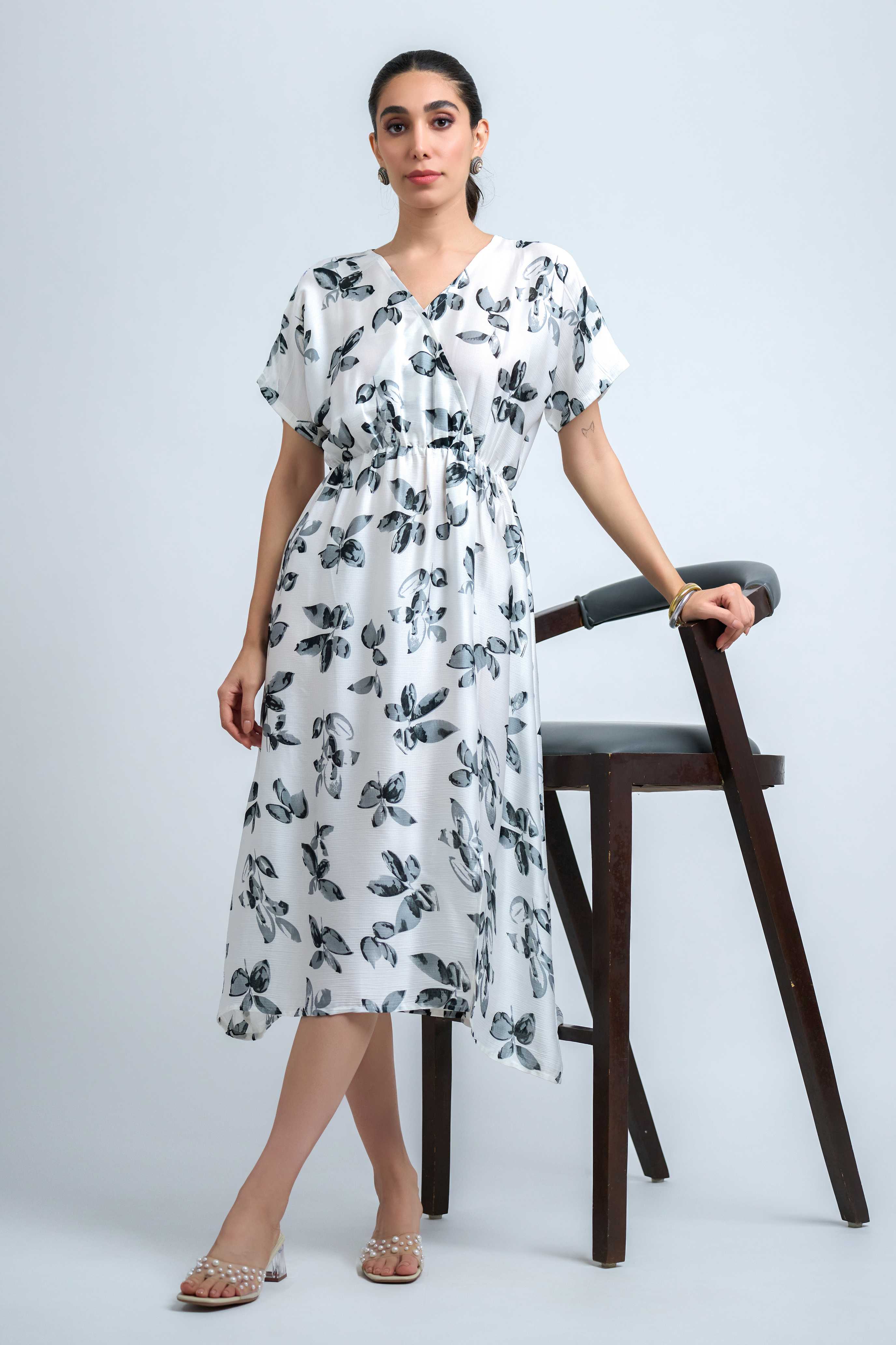 White-Black Satin Georgette V Neck Regular Sleeve Floral Print Calf Length Dress
