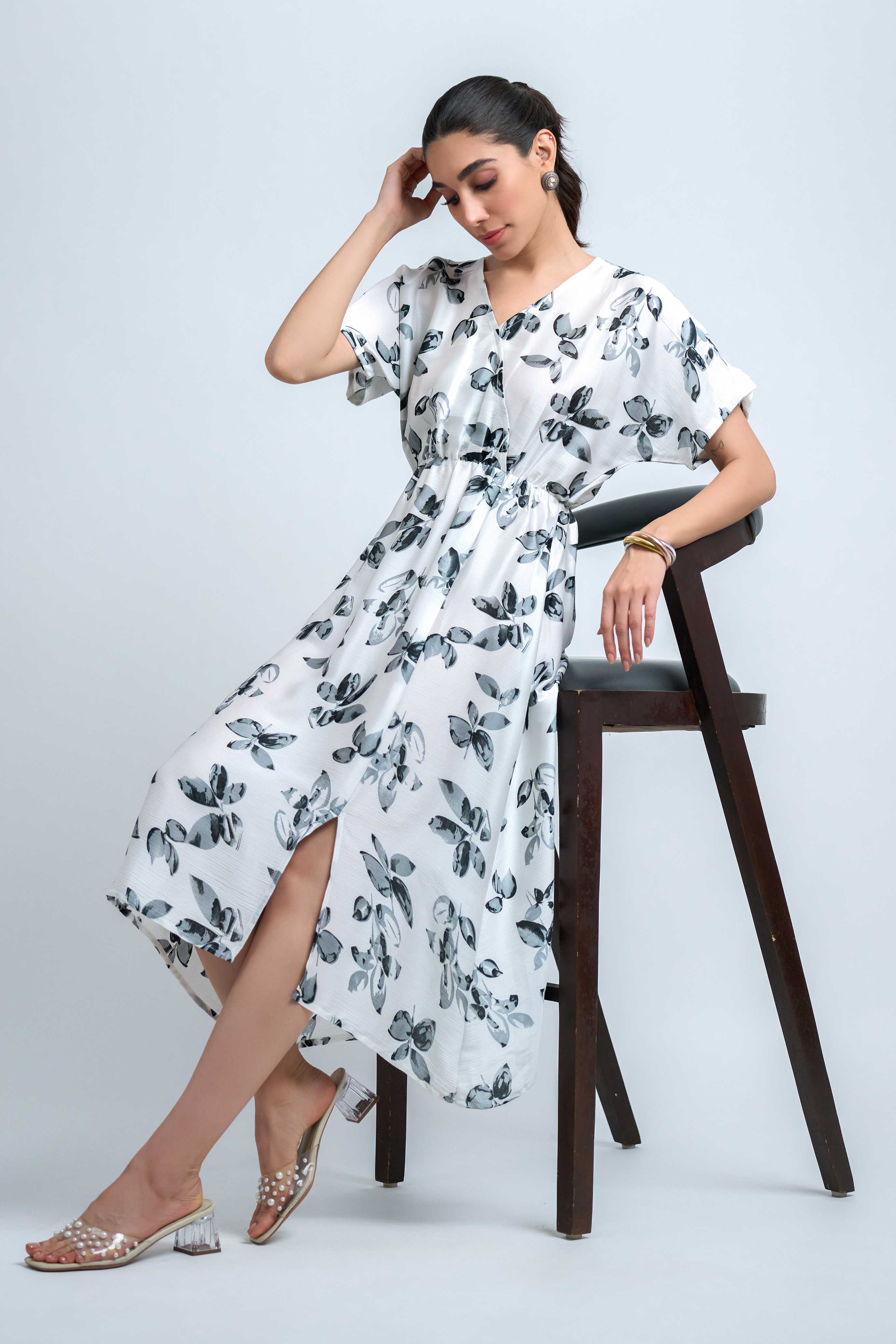 White-Black Satin Georgette V Neck Regular Sleeve Floral Print Calf Length Dress