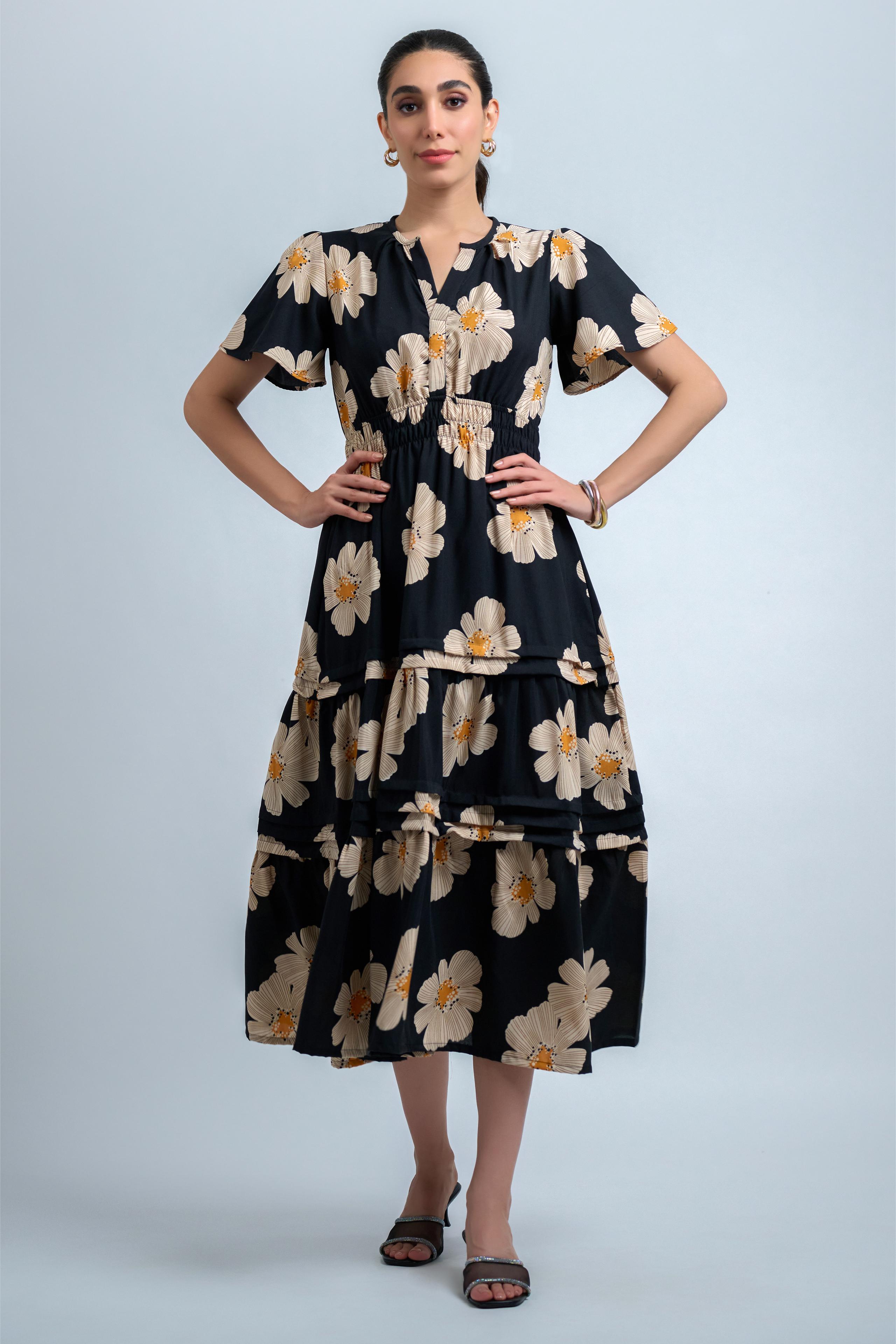 Black Beige Poly Rayon Floral Print Regular Sleeve Dress
