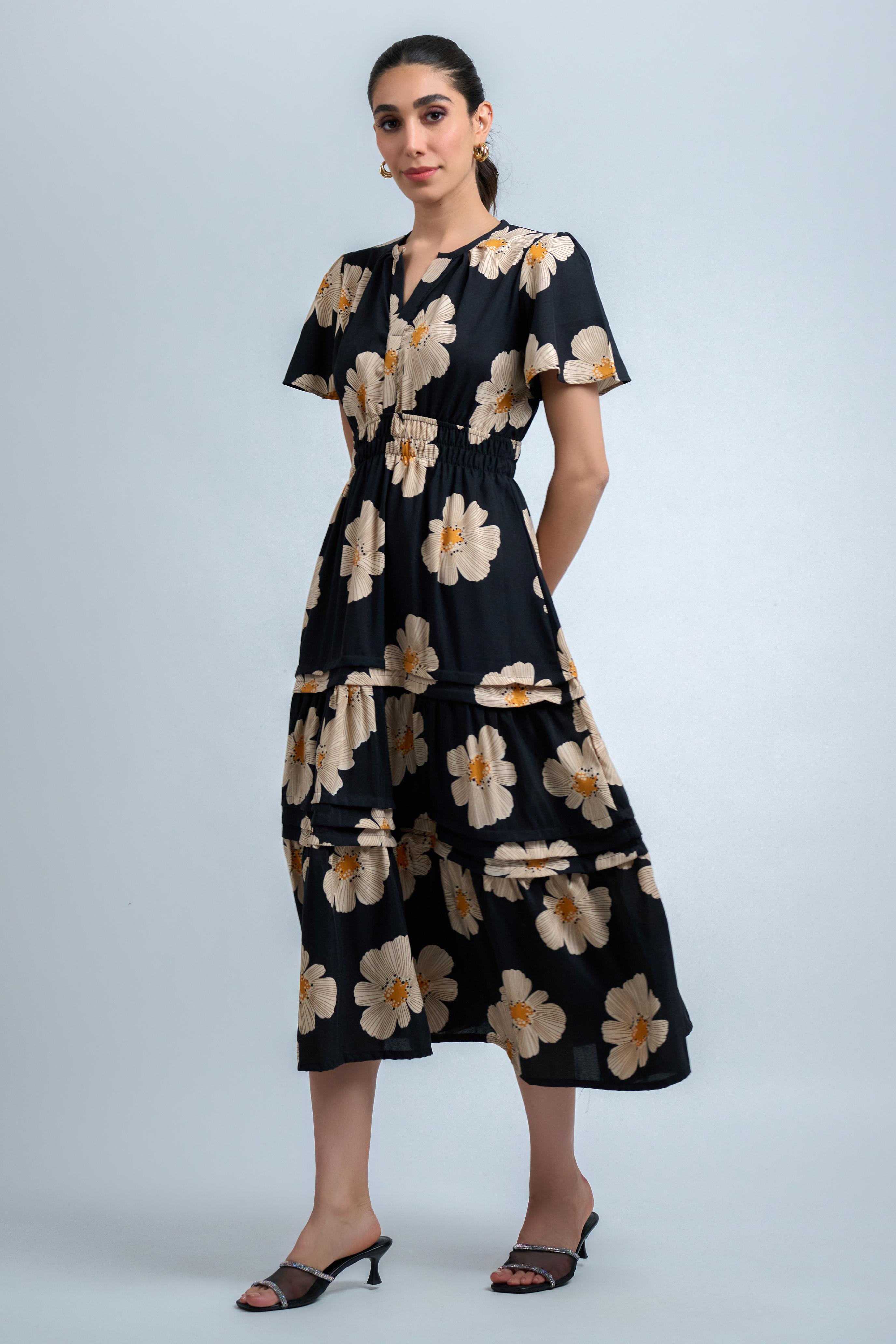 Black Beige Poly Rayon Floral Print Regular Sleeve Dress