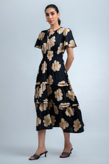 Black Beige Poly Rayon Floral Print Regular Sleeve Dress