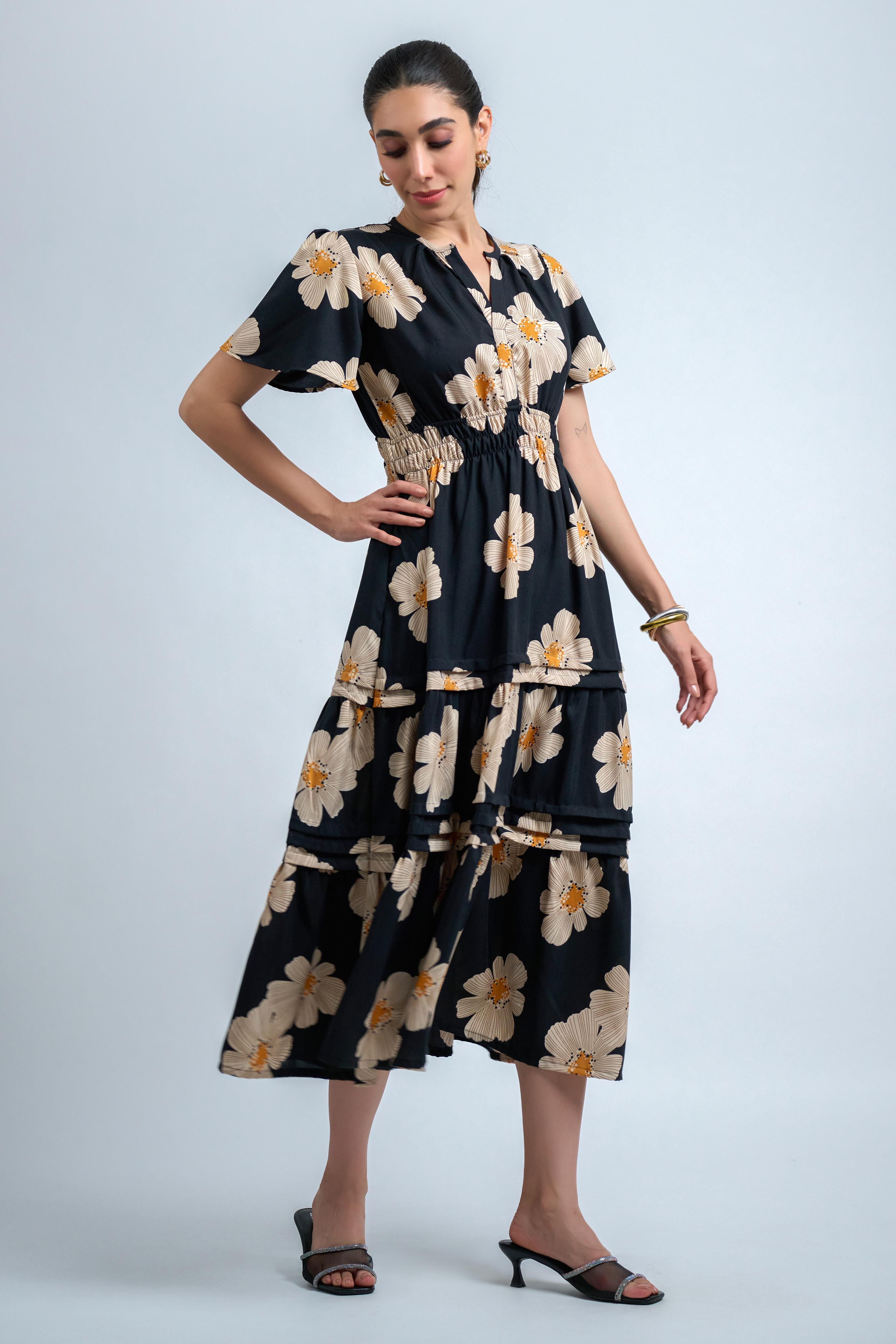 Black Beige Poly Rayon Floral Print Regular Sleeve Dress