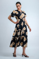 Black Beige Poly Rayon Floral Print Regular Sleeve Dress