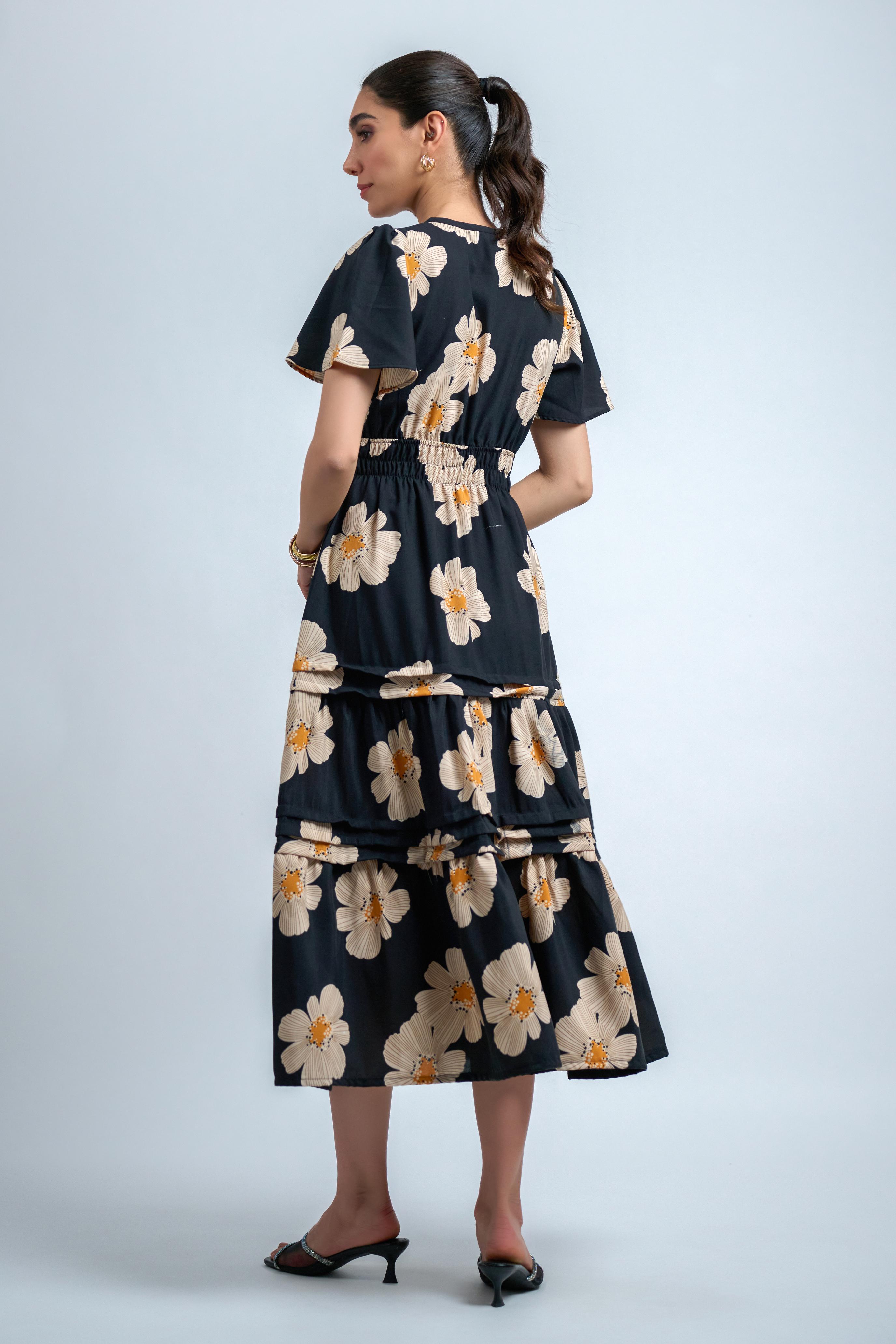 Black Beige Poly Rayon Floral Print Regular Sleeve Dress