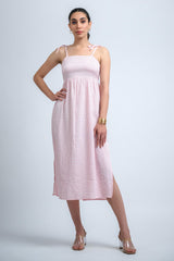 White Pink Poly Crepe Checkered Spaghetti Strap Dress