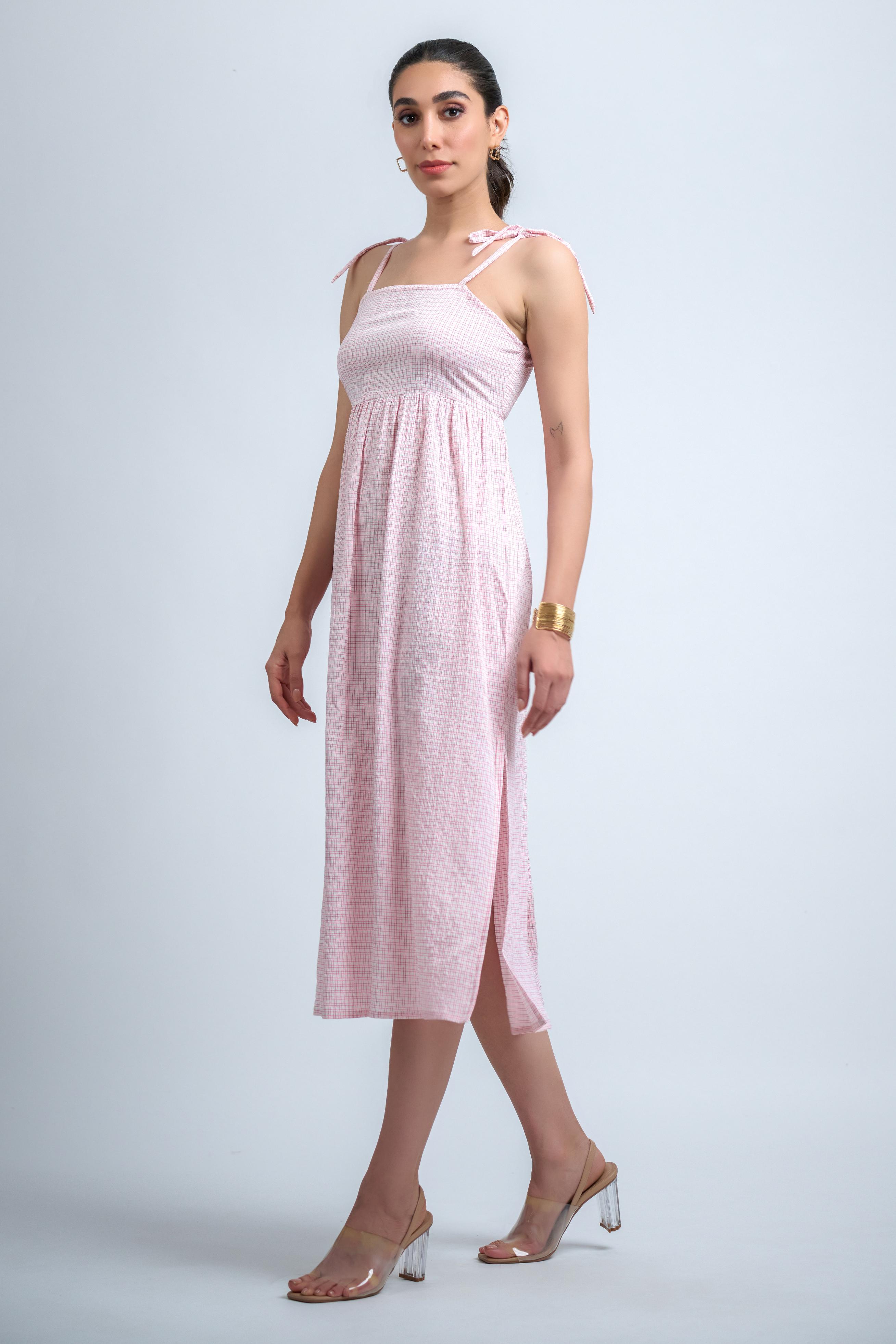 White Pink Poly Crepe Checkered Spaghetti Strap Dress