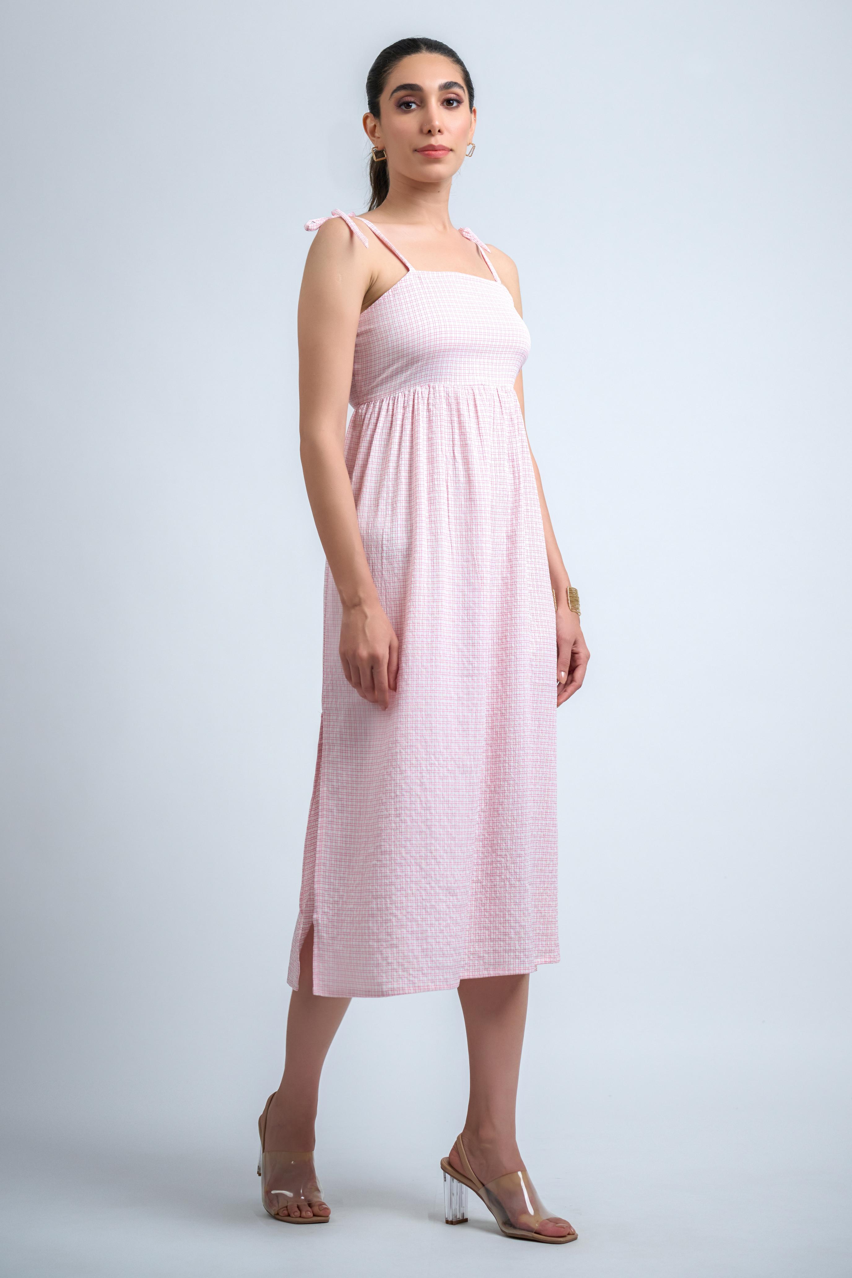 White Pink Poly Crepe Checkered Spaghetti Strap Dress