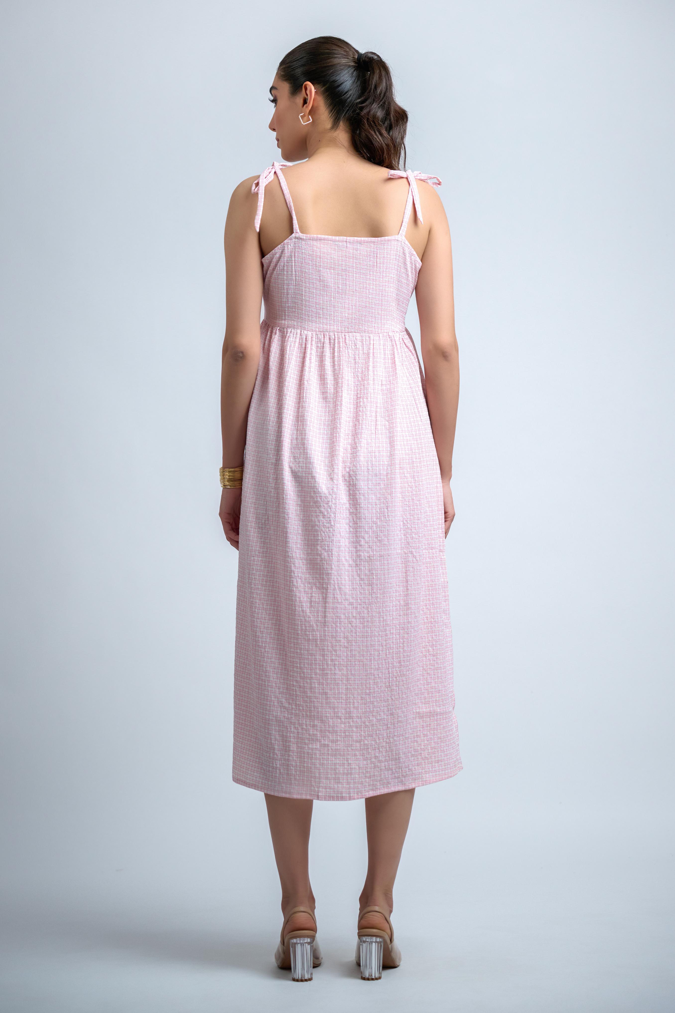 White Pink Poly Crepe Checkered Spaghetti Strap Dress