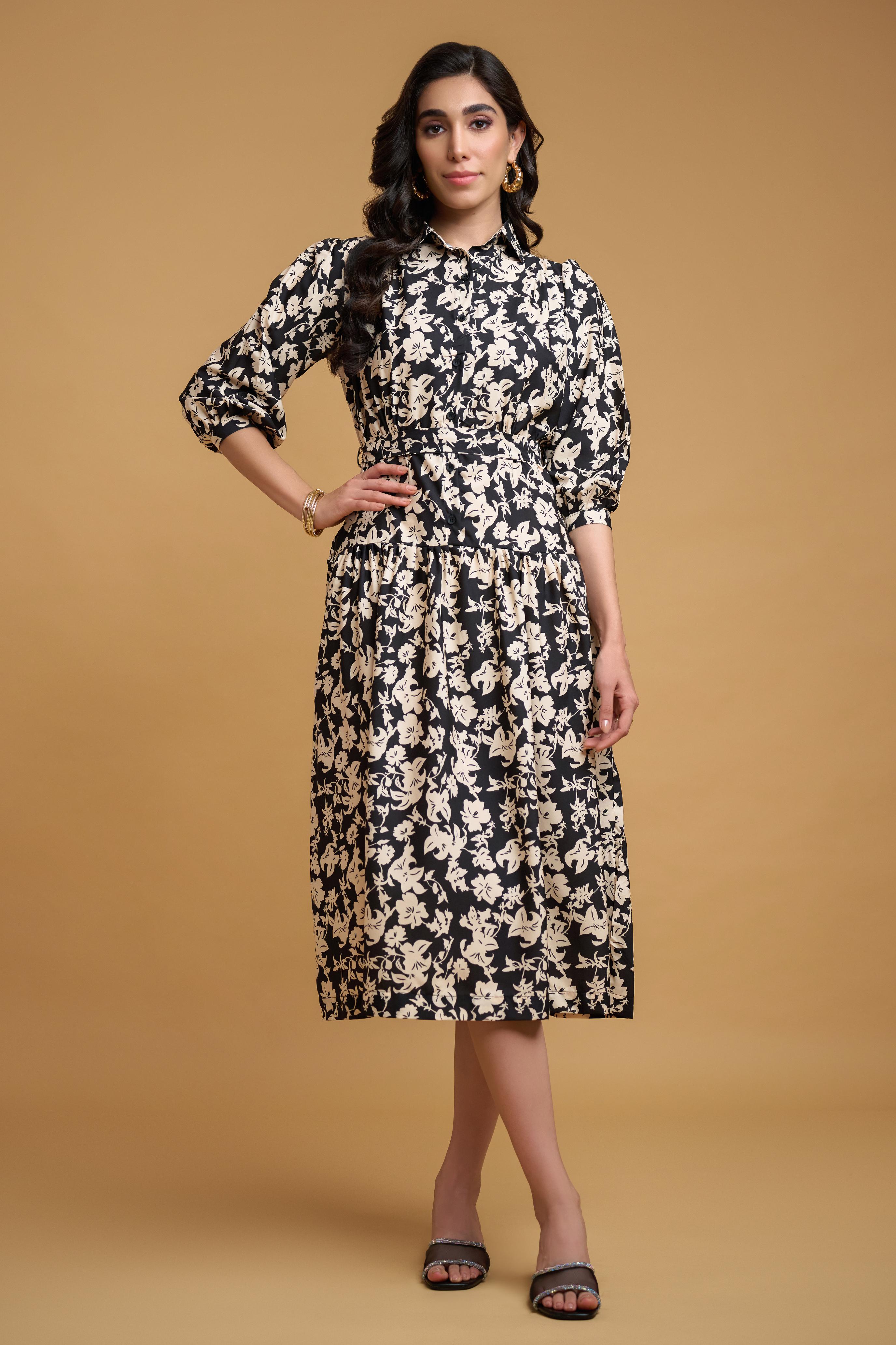 Black Cream Poly Crepe Floral Print Regular Sleeve Dress