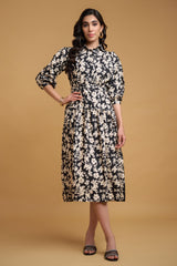 Black Cream Poly Crepe Floral Print Regular Sleeve Dress