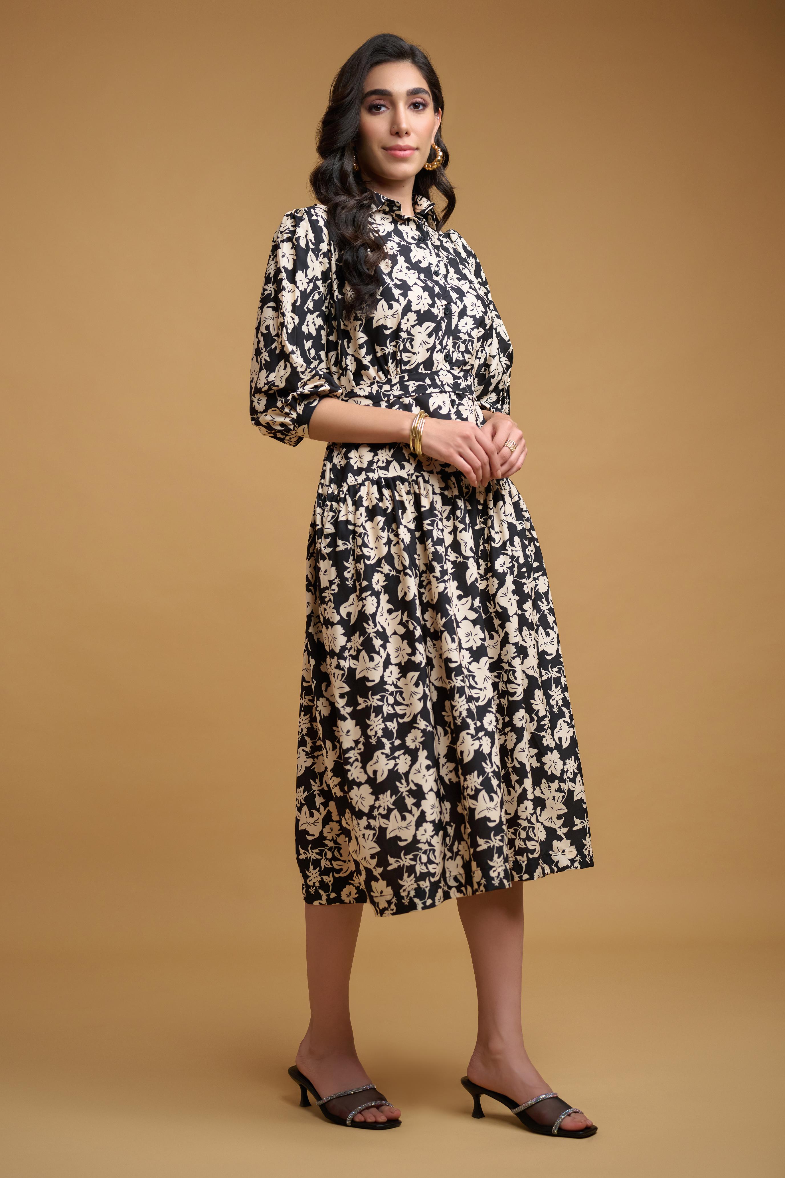 Black Cream Poly Crepe Floral Print Regular Sleeve Dress
