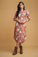 Rust Orange Poly Rayon Floral Print Cuff Sleeve Dress