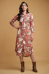 Rust Orange Poly Rayon Floral Print Cuff Sleeve Dress