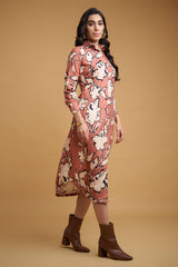 Rust Orange Poly Rayon Floral Print Cuff Sleeve Dress